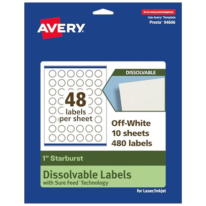 Avery Dissolvable Starburst Labels, Sure Feed Technology, 1", Matte White, Print-to-The-Edge, Laser/Inkjet Printable, 480 Labels Total - style: 480 labels