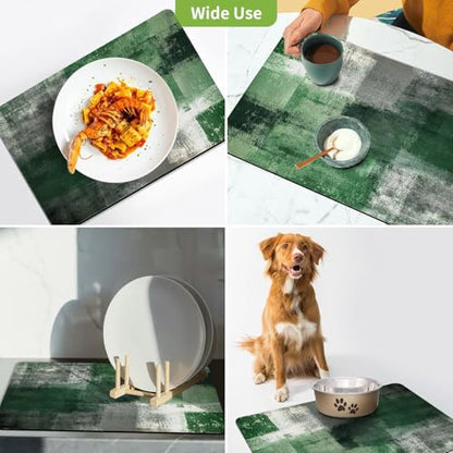 Dish Drying Mat for Kitchen Counter, Emerald Green and Grey Abstract Art, Absorbent Quick Dry Pad with Rubber Backing, Dish Rack Pad for Dishes, Utensils, Countertops, Sinks 12" x 20 - color: Emerald Green and Grey