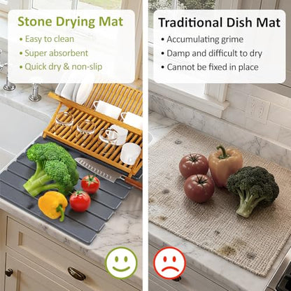Large Stone Dish Drying Mat for Kitchen Counter, 24"(L)×16"(W), Collapsible Quick Dry Stone Dish Mats, Super Absorbent Diatomaceous Earth Drying Pad for Dishes Bottles Cups, Countertops (Marble) - color: Marble