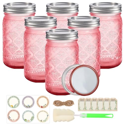 Pink Mason Jars 32 oz with Leakproof Split Lids, 6 Pack Wide Mouth Colored Glass Jars for DIY Crafts, Wedding Centerpieces, Home Decor, Flower Vase, Bathroom Storage - color: Pink