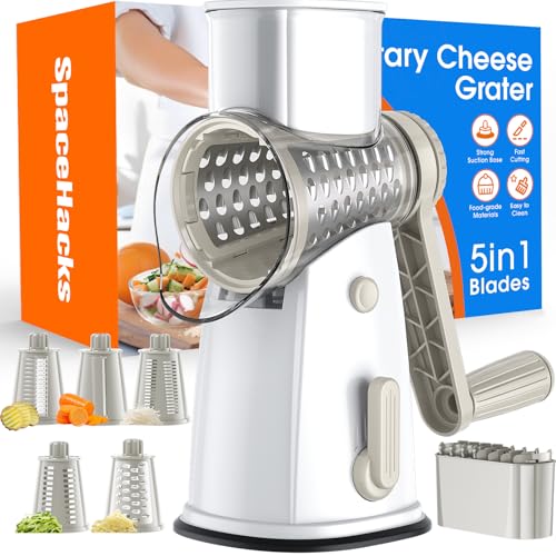 Rotary Cheese Grater Hand Crank with 5 Interchangeable Blades, Vegetable Slicer Chopper for Fruit Vegetable Nuts, Mandoline Slicer for Kitchen with Blades Rack & Suction Base, White - color: White