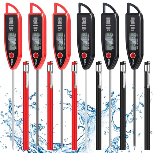 Copkim 6 Set Waterproof Food Thermometer for Water, Liquid, Candle and Cooking Digital Meat Thermometer with Long Probe Instant Read for Kitchen BBQ Grill Candy (Black,Red) - color: Black,Red
