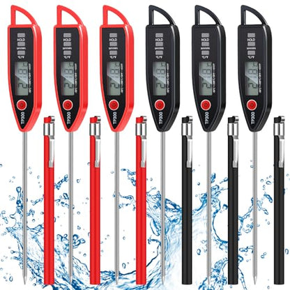 Copkim 6 Set Waterproof Food Thermometer for Water, Liquid, Candle and Cooking Digital Meat Thermometer with Long Probe Instant Read for Kitchen BBQ Grill Candy (Black,Red) - color: Black,Red