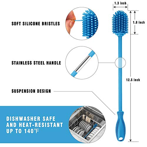 Silicone Bottle Cleaning Brush with Long Handle, Water Bottle Cleaner for Baby Bottles, Hydro Flask, Sports Bottle, Vase, Glassware, Perfect for Smaller Diameter Bottle Openings (Qty 1) - color: Blue