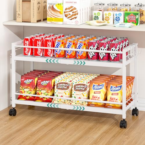 2-Tier Expandable Rolling Pantry Cart with Wheels, Adjustable Floor Organizer for Kitchen Pantry, Can Organizer for Pantry, Storage Cart for Snack, Food, Vegetables, White, Patent Pending - color: White, size: 2-Tier