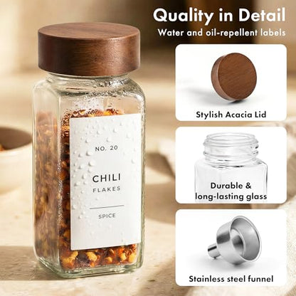 EDELHAUS Glass Spice Jars with Label, 24x Acacia Wooden Lids - White Labels | Airtight acacia lids keep spices fresh; use as a spice organizer, seasoning containers or 4 oz jar set; funnel & 240 labels - color: Acacia Lid + White Labels