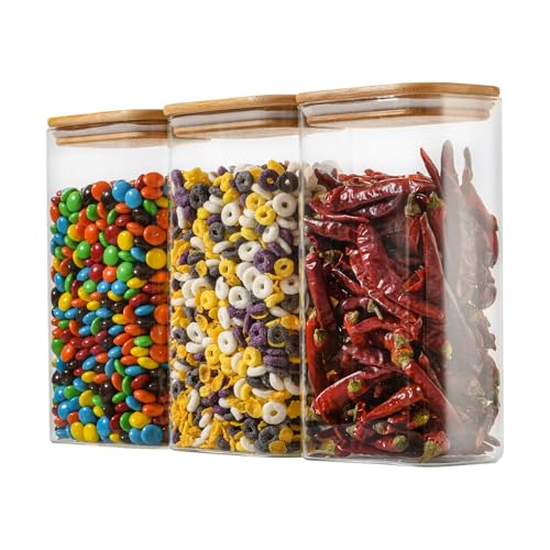 D2scrma 56oz Rectangle Airtight Glass Storage Containers with Bamboo Lids (Set of 3), Square Food Storage Jar, Pantry Organizers for Oats, Cereal, Pasta and Coffee beans (‎with Black Lable)