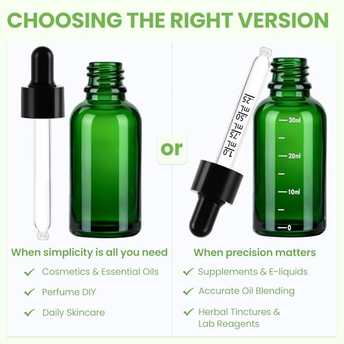 UPBUD 63 Pcs 1oz Green Glass Dropper Bottles with Measurement, 30ml Leakproof Tincture Bottles with Funnels, Eye Droppers, Extra Caps & Labels, Refillable Empty Bottles for Tinctures, Essential Oils - color: Green-1oz, size: 1oz