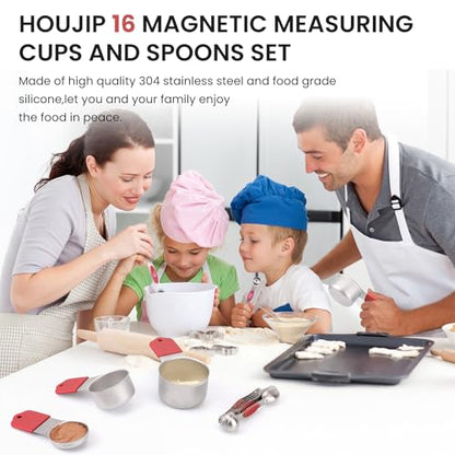 Magnetic Measuring Cups and Spoons Set-Heavy Duty 304 Stainless Steel，Double Measurement Markings，Set of 16 with Leveler for Measure Dry and Liquid Ingredients (Red) - color: Red