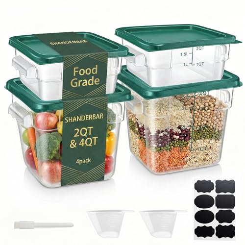 4 Pack 2QT & 4QT Food Storage Containers with Green Lids, Clear Square Restaurant Commercial Food Storage Containers with Handle and Scale, Marinating Container Dough Rising Bucket for Home & Dining - color: Green, size: 2QT+4QT