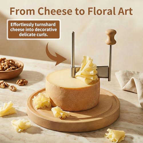 ZZXLLLO Girolle Cheese Curler Shaver Wheel – Stainless Steel Cheese Slicer Flower Maker Tool for Tête de Moine – Wood Base with Dome Lid, Sharp Blade, Hole Cutter, Gift Boxed - color: Wood