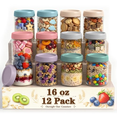 12 Pack Mason Jars, 16oz Overnight Oats Glass Jars, Wide Mouth Overnight Oats Containers with Lids, Small Parfait Cups with Lids for Yogurt, Storage, Chia, Snack, Salad, Spice, Seed - color: Mixed Color-12P