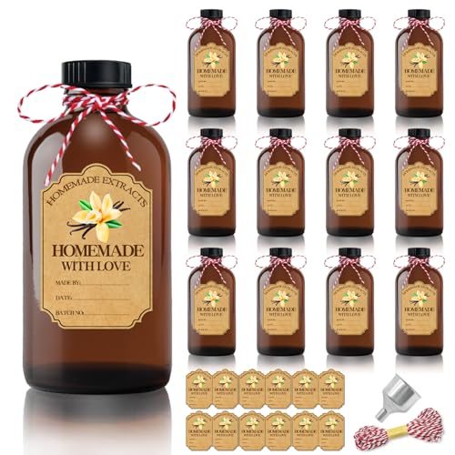 12Pcs 2 oz Amber Glass Bottle Brown Round Bottles with Caps, for Vanilla Extract Homemade, with Stickers and Funnel, for Syrup Gift Glass Food Storage Canister Set, Sauce Beans, Essential Oil - color: 12 Pcs 2 Ounce