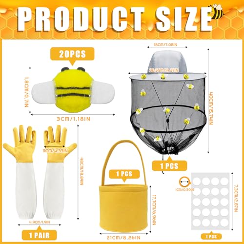 43Pcs Beekeeper Set Beekeeper Catcher Halloween Costume Including 1 Beekeeper Hat with Veil, 1 Pair of Beekeeping Gloves, 1 Felt Bucket, 20 Felt Bees, 20 Double Sided Tape for Halloween Supplies