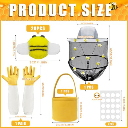 43Pcs Beekeeper Set Beekeeper Catcher Halloween Costume Including 1 Beekeeper Hat with Veil, 1 Pair of Beekeeping Gloves, 1 Felt Bucket, 20 Felt Bees, 20 Double Sided Tape for Halloween Supplies