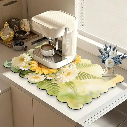 Scalloped Dish Drying Mats for Kitchen Counter, Sunflowers White for Summer, Cute Coffee Bar Mat for Countertop, Diatomite Absorbent, Kitchen Aesthetic Decor (16"x24", Sunflowers-White) - color: Z-Sunflower 2, size: 24" x 16"