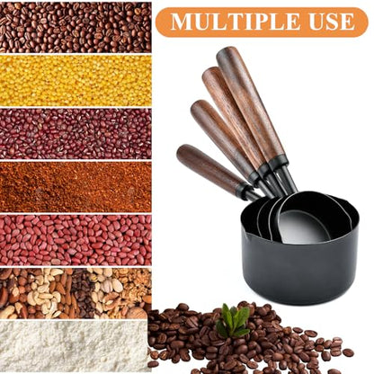 4Pcs Measuring Cups with Wooden Handle, Black Stainless Steel Measuring Cups Scoops Set, Dog Food Scoop for Kitchen Flour Spice Seasoning Measurement Cooking (1, 1/2, 1/3, 1/4 Cup)