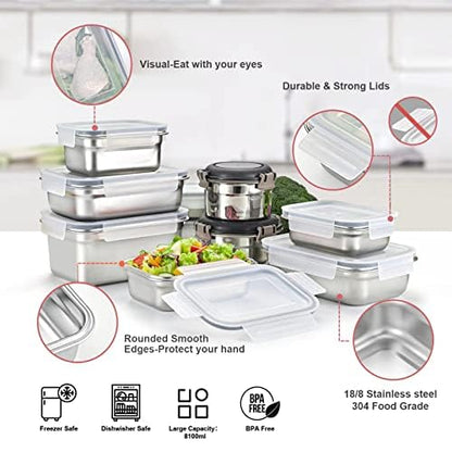 Cykorxicc 12PC 304 Stainless Steel Food Storage Containers with Lids Leakproof, Meal Prep Container Airtight, Lunch Boxes, Kimchi Containers for food storage Nestable | Oven/Dishwsher/Freezer Safe