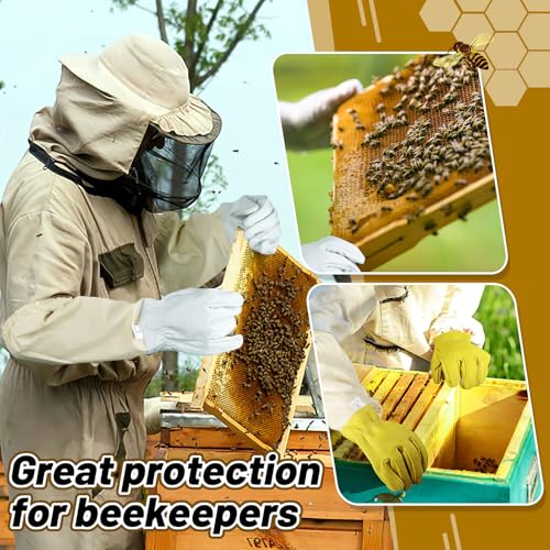 ANPHSIN 2 pairs Long Goatskin Beekeeping Gloves for Beekeepers - Protected Leather Gloves, Beekeeping Supplies, White/Yellow