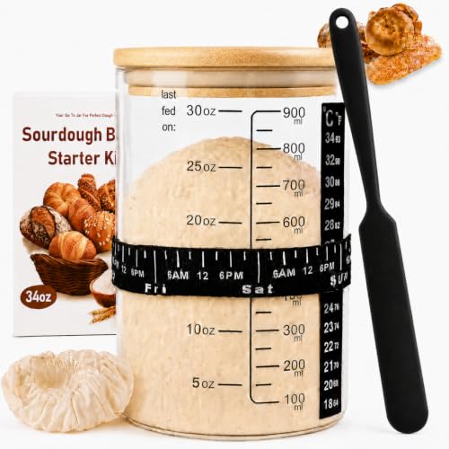 PFUM Sourdough Starter Jar Kit- 34oz Sourdough Starter Jar with Marked Feeding Band, Thermometer, Cloth Cover & Wooden Lid for Sourdough Baking Supplies, Glass Container Wide Mouth Glass Jar