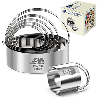 Biscuit Cutter Set for baking 2inch 2.5inch 3inch 3.5inch 4inch 5inch large size Round Metal Baking Rings with handle for Pastry, Biscuits, and Dough Cutting 6pcs set GIFT Package - style: 6pcs with Handle(2-5in)