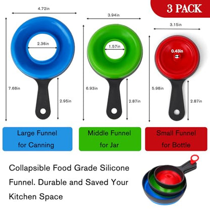 Kitchen Silicone Collapsible Funnel Set, Large, Medium, Small Multicolored Food Grade Funnels (3 Pcs Blue, Green, Red)