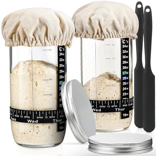 DWTS DANWEITESI Sourdough Starter Jar with Date Marked Feeding Band, Thermometer, Sourdough Fermentation Jar Scraper, Sewn Cloth Cover & Aluminum Lid, Sourdough Starter Kit Reusable(2pcs/24oz) - size: 24oz-2pcs