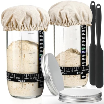 DWTS DANWEITESI Sourdough Starter Jar with Date Marked Feeding Band, Thermometer, Sourdough Fermentation Jar Scraper, Sewn Cloth Cover & Aluminum Lid, Sourdough Starter Kit Reusable(2pcs/24oz) - size: 24oz-2pcs