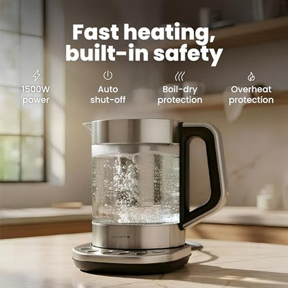 Viante Alba Electric Tea Kettle With Infuser, No Plastic, 1.5L | Borosilicate glass & 304 stainless steel construction. 4 temp presets, keep-warm, cordless, auto shut-off - style: Stainless Steel