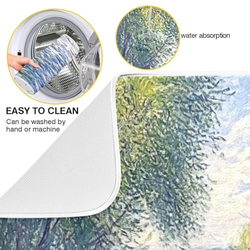 Watercolor River Trees Dish Drying Mat for Kitchen Counter Super Absorbent Draining Mat with Non-slip Backed Dishwashing Mat for Dish Bottles Cups Bowl Countertops Sinks Draining Racks