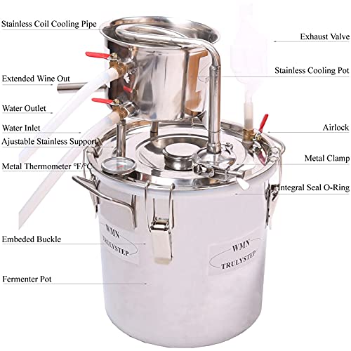 YUEWO 2 Pots Stainless Steel Still 5Gal/20Liters Water Alcohol Distiller Home Brew Kit Wine Making Supplies for DIY Brandy Whisky Vodka Distilled Water, Silver - size: 5 Gal 20 Litres