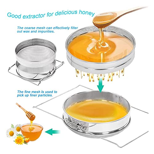Honey Strainer Double Sieve Stainless Steel for 5 Gallon Bucket | Double sieve honey filter fits 5 gallon buckets, removes wax and debris, with adjustable arms for hands-free harvesting