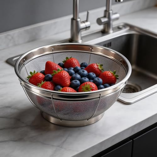 Fine Mesh Strainer for Kitchen, 6 Quart Stainless Steel Colander Bowl | Idea for Pasta, Rice, Fruit, Metal Net Baskets with Resting Base - Strain, Drain, Rinse - size: 6 Qt