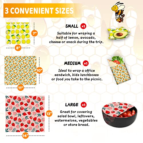 Beeswax Wrap - 3 Pack, Beeswax Wraps For Food, Organic, Sustainable, Biodegradable, Zero Waste, Reusable Beeswax Food Wrap, 1L Strawberry, 1M Orange, 1S Lemon Patterns