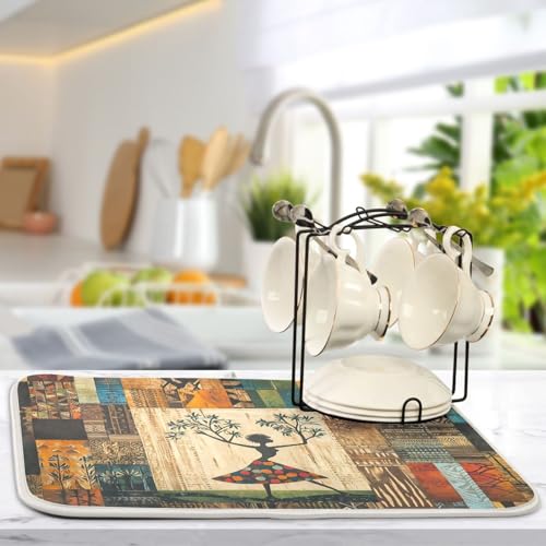 Woman Tree Artwork Dish Drying Mat for Kitchen Counter Super Absorbent Draining Mat with Non-slip Backed Drainer Mat for Dish Bottles Cups Bowl Sinks Countertops Draining Racks