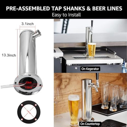 Kegerator Single Tap Tower Beer Tower, Draft Beer Keg Tower with Stainless Steel Core Beer Faucet Pre-assembled Beer Line 3" Beer Tower Dispenser Kegerator Replacement Parts