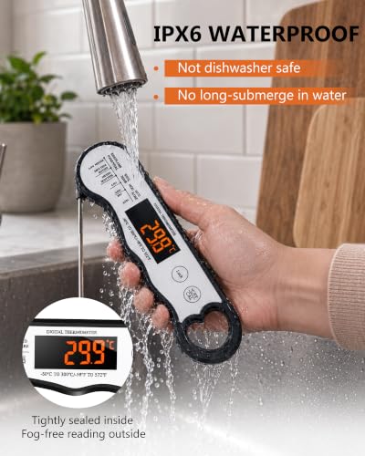 COOLMI Instant Read Meat Thermometer, 2-4 Sec, Waterproof, Rechargeable | Large Bright LED Display, Hold And Recalibration, Foldable Probe, Magnetic Storage And Up To 11 Hours Of Use - color: Rechargeable Model-Black