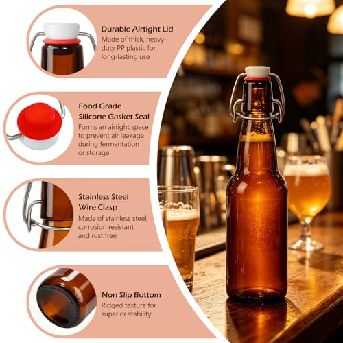 KEYWING 12oz Amber Swing Top Glass Bottles, 12 Pack Beer Bottles with Airtight Lids, Flip Top Glass Bottles for Kombucha, Fermentation, Vanilla Extract, Ginger Beer, Kefir, Wine, Liqueur - size: 12oz 12 pack