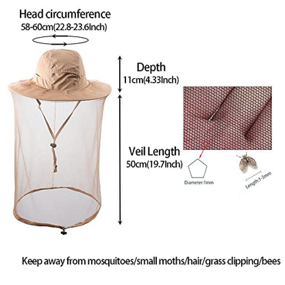 Bee Keeping Beekeeper Veil hat gnats Insect Bug Mosquito Fishing Gardening Cap with Head net Netting mesh Hood for Men Women - color: Khaki