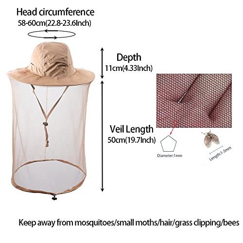 Bee Keeping Beekeeper Veil hat gnats Insect Bug Mosquito Fishing Gardening Cap with Head net Netting mesh Hood for Men Women - color: Khaki