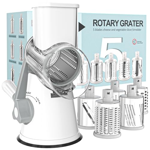 Cambom Rotary Cheese Grater Hand Crank Cheese Shredder for Fresh Cheese, Vegetable, Nuts,Non-slip Suction Base, Five Blades, White - color: White, size: 5 BLADES