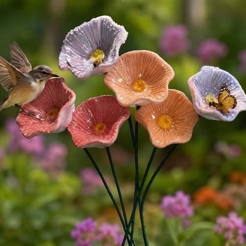 Ceramic Bee Watering Station for Garden | 6Pcs 25cm Bee Blossoms for Water Ceramic | Pollinator Feeder Flowers for Bees | Water Drinking Station Bowl | Rain Catcher Mini Bird Baths On Stakes