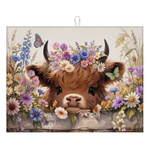 Absorbent Kitchen Dish Drying Mat Quick Dry Heat Resistant Hide Stain for Glasses Coffee Espresso Machines Pots Pans and Dish Racks,18" x 24" Cute Highland Cow Flower Pattern - color: Cute Highland Cow Flower