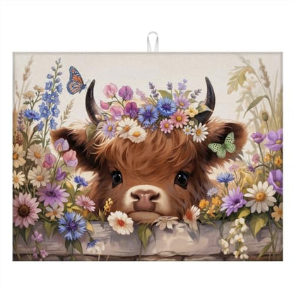 Absorbent Kitchen Dish Drying Mat Quick Dry Heat Resistant Hide Stain for Glasses Coffee Espresso Machines Pots Pans and Dish Racks,18" x 24" Cute Highland Cow Flower Pattern - color: Cute Highland Cow Flower