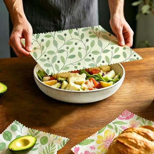 Beeswax Food Wraps, Pink Flowers and Green Leaves Wraps, 9 Pack Plastic-Free Food Storage, Sandwich, Bread, Fruit Covers, Organic, Sustainable, Zero Waste, Biodegradable, 1XL, 3M, 5S - color: Green Botanical2
