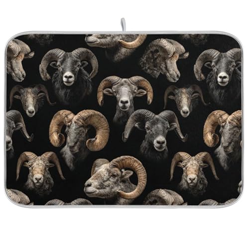 Dish Drying Mat for Kitchen Counter Multiple Ram Heads Absorbent Drying Dish Mat 16×18 inch Dish Rack Pad Coffee Mat for Sink Dishes Under Rack - color: multicolored.11, size: 16x18in