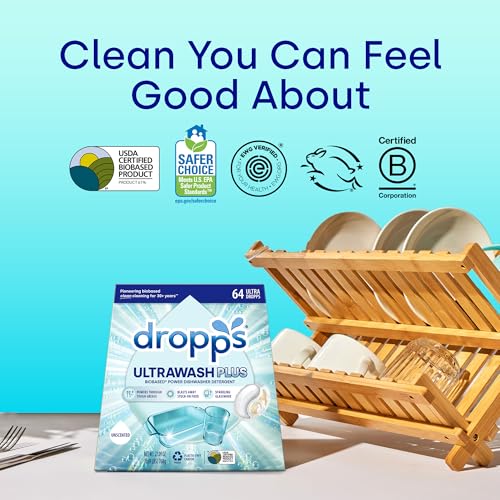 Dropps UltraWash Plus Dishwasher Detergent Pods, Unscented (64 Ct) Free & Clear | Triple Action | Built In Rinse Aid | Cuts Grease & Stuck-On Food | Sparkling Dishes | Residue-Free | Clean Ingredients
