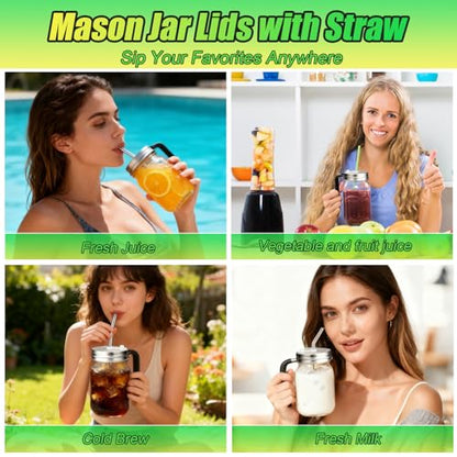 Palksky Mason Jar Lids with Straw Hole & Handle for Regular Mouth Jars, Leak-Resistant Drinking Lids with Extra Silicone Rings, Mason Jar Straw Lids for Iced Coffee, Lemonade, Juice (2 Pack) - style: Regular Mouth Lids with Straw & Handle 2 Packs