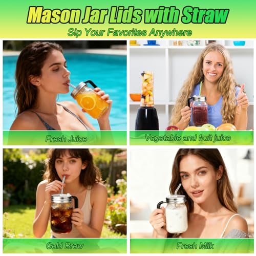 Palksky Mason Jar Lids with Straw Hole & Handle for Regular Mouth Jars, Leak-Resistant Drinking Lids with Extra Silicone Rings, Mason Jar Straw Lids for Iced Coffee, Lemonade, Juice (2 Pack) - style: Regular Mouth Lids with Straw & Handle 2 Packs