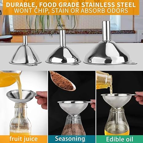 Metal Stainless Steel Funnel, Large Medium Small Funnel Set of 3, Food Grade Mini Funnels for Kitchen Use Filling Bottles Flask Cooking